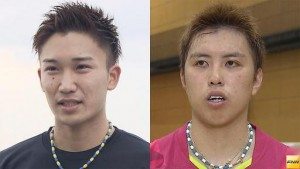 Kento Momota (L) and Kenichi Tago