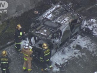A car flipped over and caught fire at a driving school in Tama City on Sunday, killing the driver