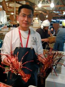 Tsukiji vendor with ise ebi (spiny lobster)