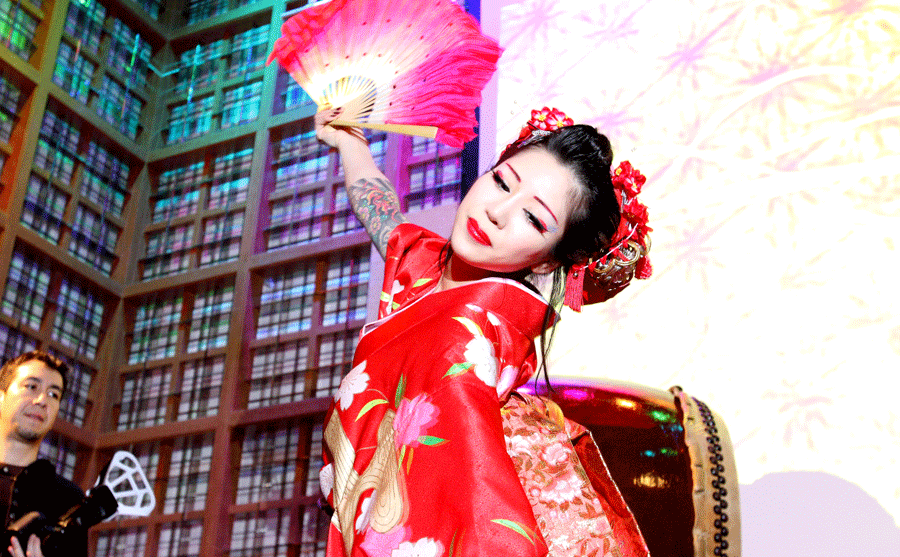 Fan dancers perform on New Year's Eve at the Mandarin Oriental Hotel in Tokyo