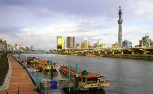 The Tokyo Sky Tree rises beyond the Sumida River on New Year's Day