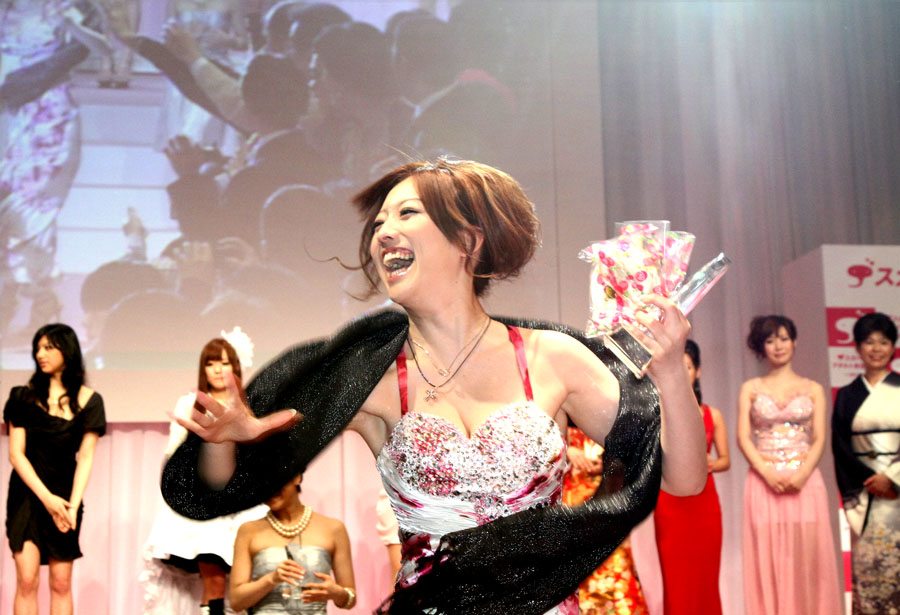 Best New Actress Ai Haneda tosses her panties at the 2011 porn awards.