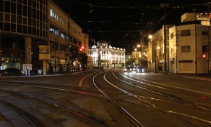 Streetcar lines at night in Hakodate, Hokkaido