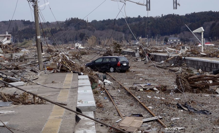 Tsunami devastation within the 20-kilometer evacuation zone in place around the Fukushima Daiichi nuclear power plant.