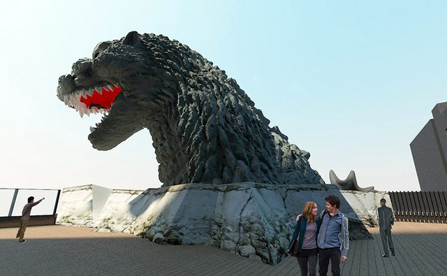 A rendering of Godzilla's head atop the Toho Shinjuku Building