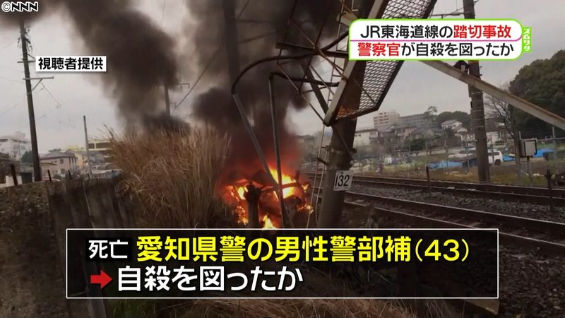 A police officer possibly killed himself by driving into a train (Nippon News Network)
