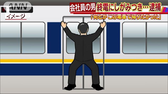 A graphic by TV Asahi shows a man clinging to the side of a railway car as it departed JR Sannomiya Station early Tuesday