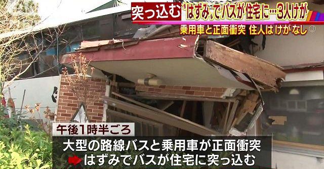 A bus veered into a house after colliding head-on with a car in Kagoshima Prefecture (TV Asahi)