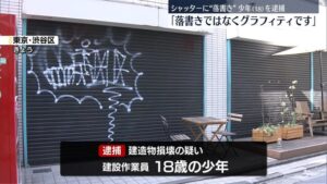 A boy allegedly spray-painted a shutter in Sendagaya in May