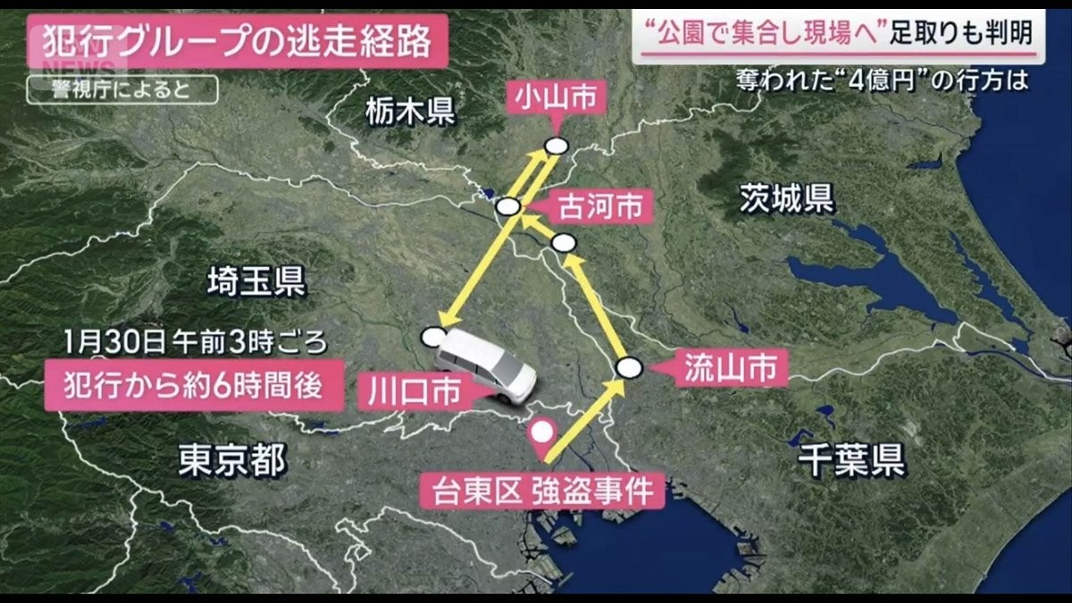 After the robbery in Ueno on January 29, the getaway car traveled to Chiba, Tochigi and Saitama prefectures