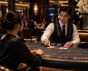 Male dealer serving a baccarat hand to a woman at a casino table