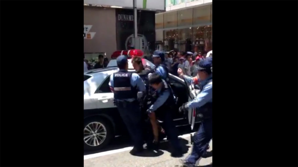 Fukuoka police apprehended a man after he crashed a vehicle he stole in the Tenjin area of Fukuoka City