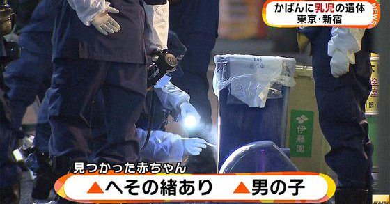 The body of an infant with the umbilical cord attached was found in a trash can in Kabukicho on Wednesday