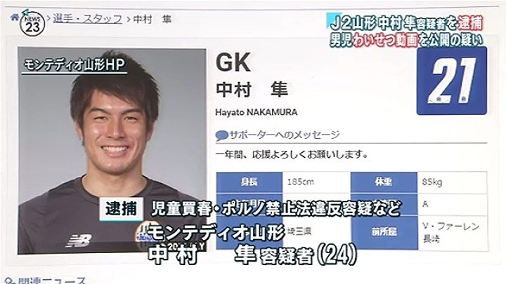 A pro goalkeeper was arrested for sharing a child porn video in Kyoto (TBS News)
