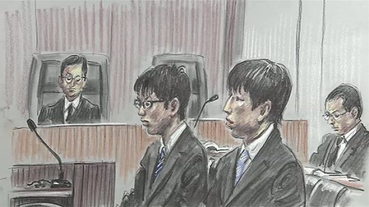 A court sketch for the opening of the trial for University of Tokyo students Taichi Kawamoto and Koki Matsumoto