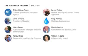 Twitter account of Willaim Saito appears in a graphic by the New York Times showing important persons in politics who have purchased followers