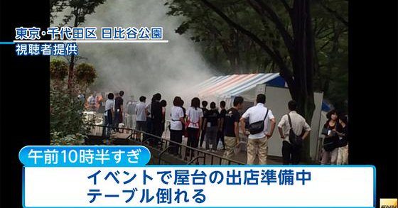 Television footage shows a gas tank that exploded at a stall during a Japan-Korea cultural exchange event in Chiyoda Ward, Tokyo, on Saturday (Fuji News Network)