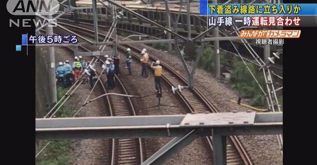 Television footage shows train tracks in Tokyo where a man being pursued for allegedly stealing underwear was spotted on Sunday (TV Asahi)