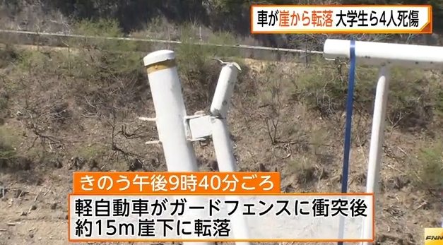A car carrying four teenage boys plunged off a cliff in Chichibu City on Saturday