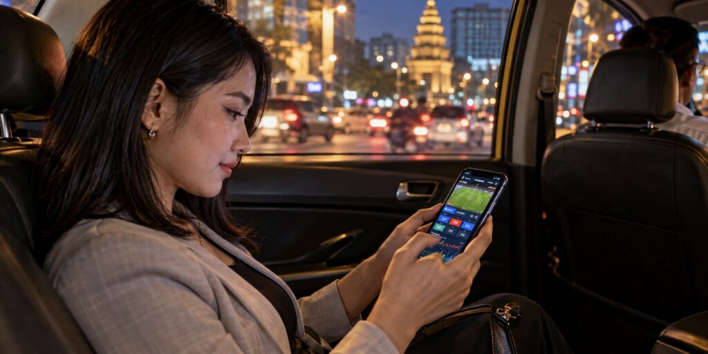 Woman placing a sports bet on her smartphone while riding in a taxi at night
