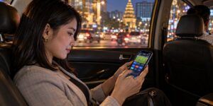 Woman placing a sports bet on her smartphone while riding in a taxi at night
