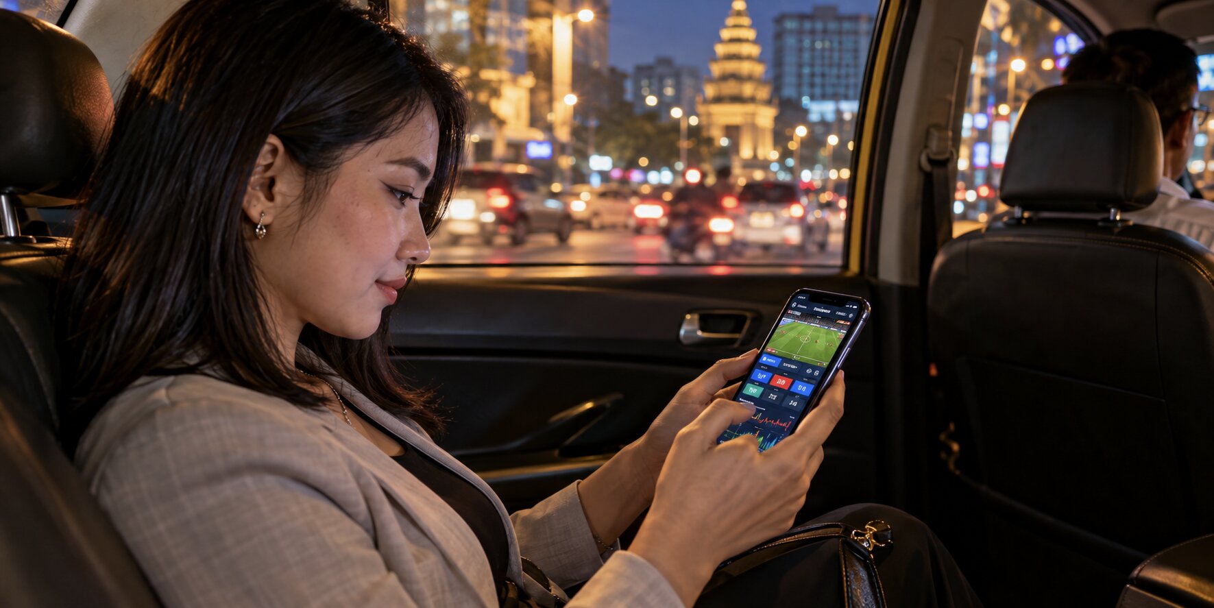 Woman placing a sports bet on her smartphone while riding in a taxi at night