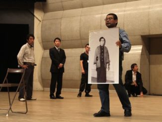 Photo of Otoya Yamaguchi placed on the stage at the Hibiya Public Hall on Tuesday